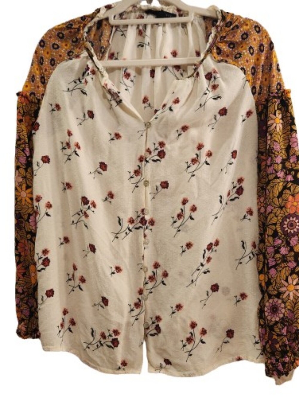 Jane + Delancey Boho Mixed Floral Peasant Blouse Size L Cream Mustard Retro Chic